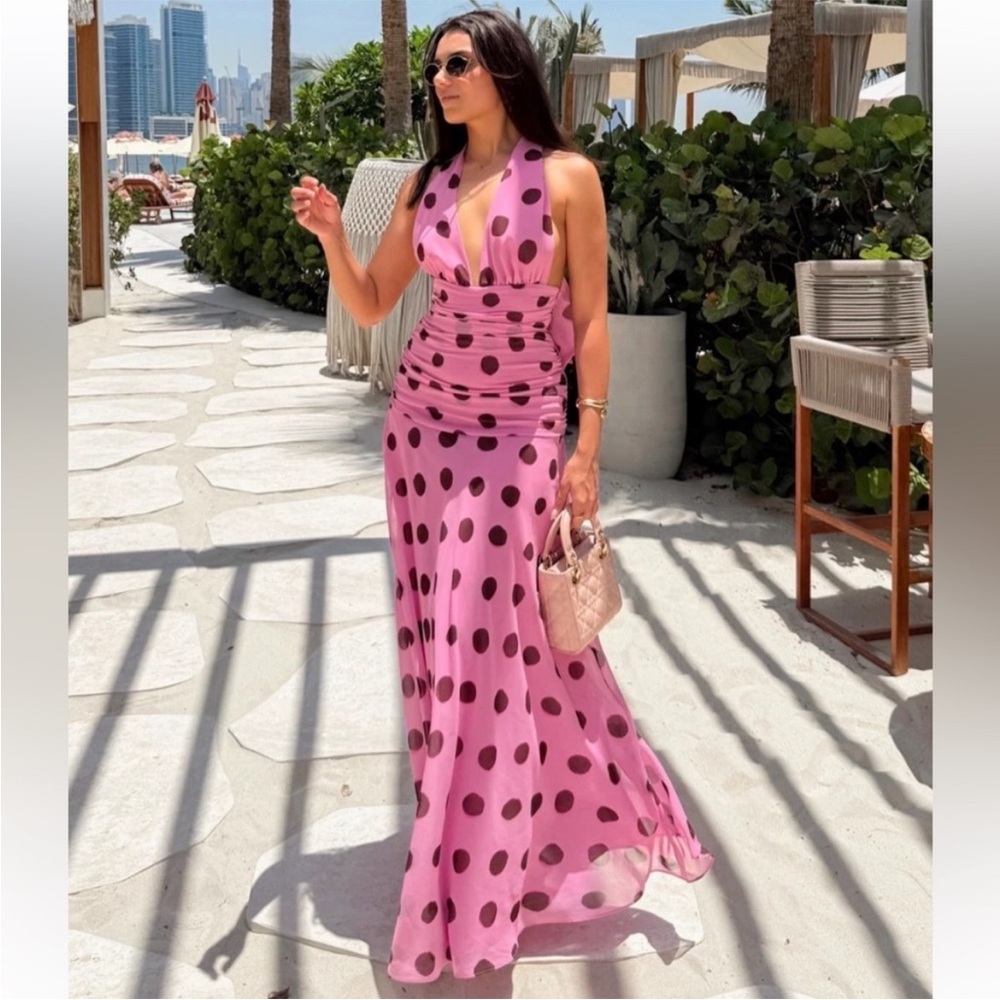 Zara Pink Polka Dot Halter Maxi Dress